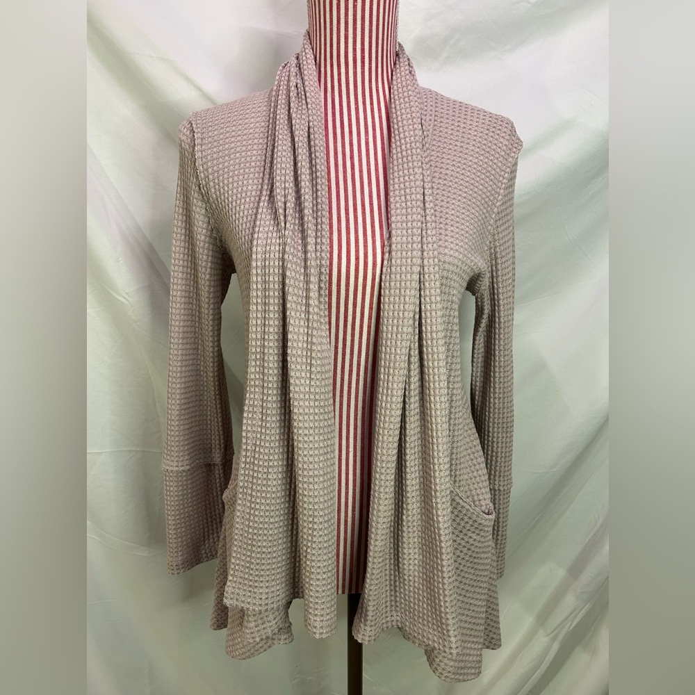 Altar’d State Waffle Knit Draped Cardigan, Cream, Raw Distressed Edges, Size M